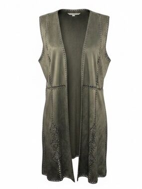 Chelsea and Theodore Vegan Olive Suede Crochet Open Front Vest Womens size Small